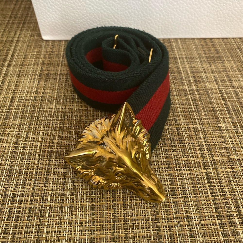 Gucci Green and Red Web Belt with Gold Fox Head Buckle